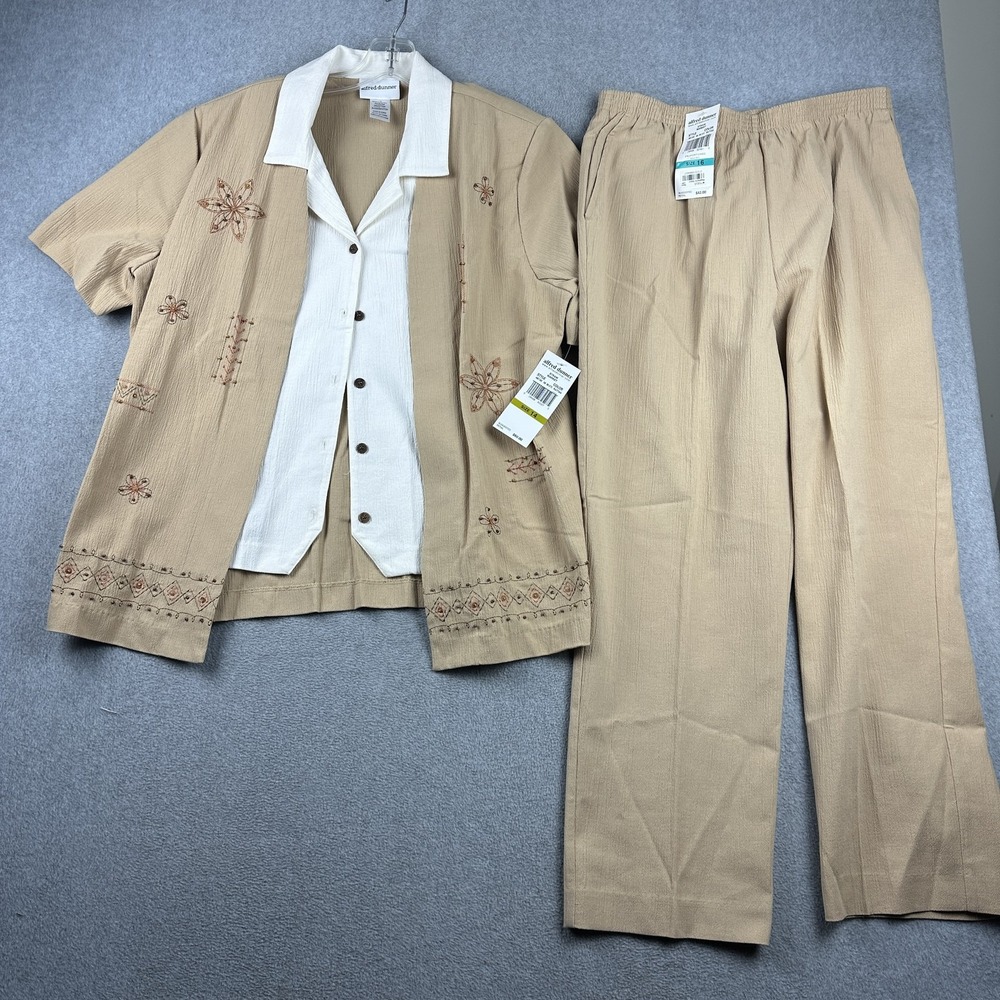 Alfred Dunner Straw Market Pants Set Womens Size 14 16 Rattan Floral Embroidered